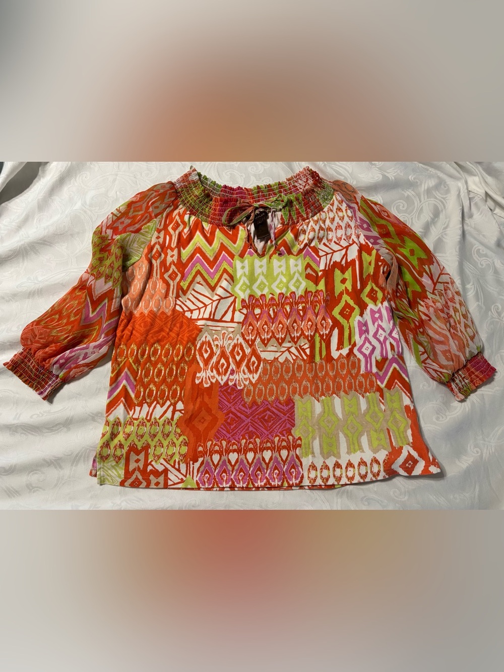 Multiples Boho Ikat Split V-Neck Tie Tassel Keyhole Top Size L